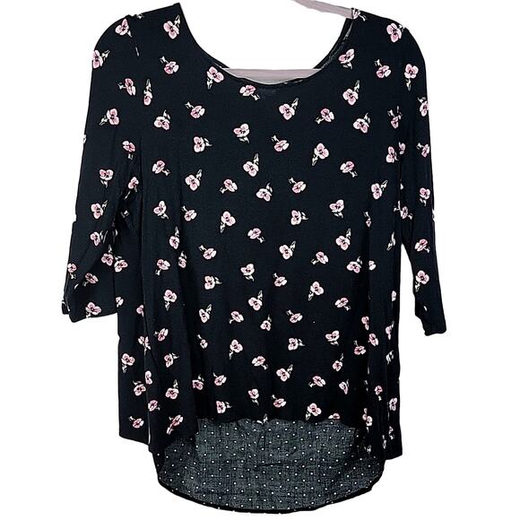 J Jill Black Pink Floral High Low Scoop Neck Cottage Polka Dot Top Size Medium - Picture 1 of 12
